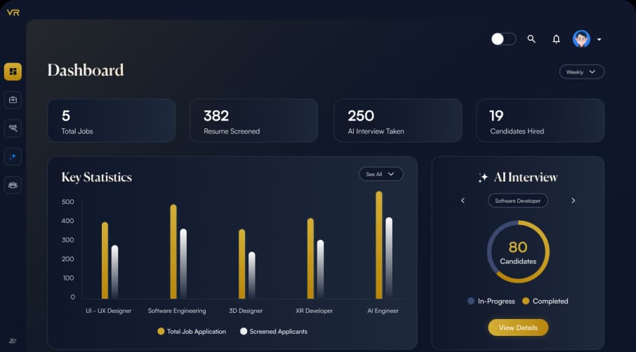 VRecruit dashboard visual representing AI recruiting copilot workflows.