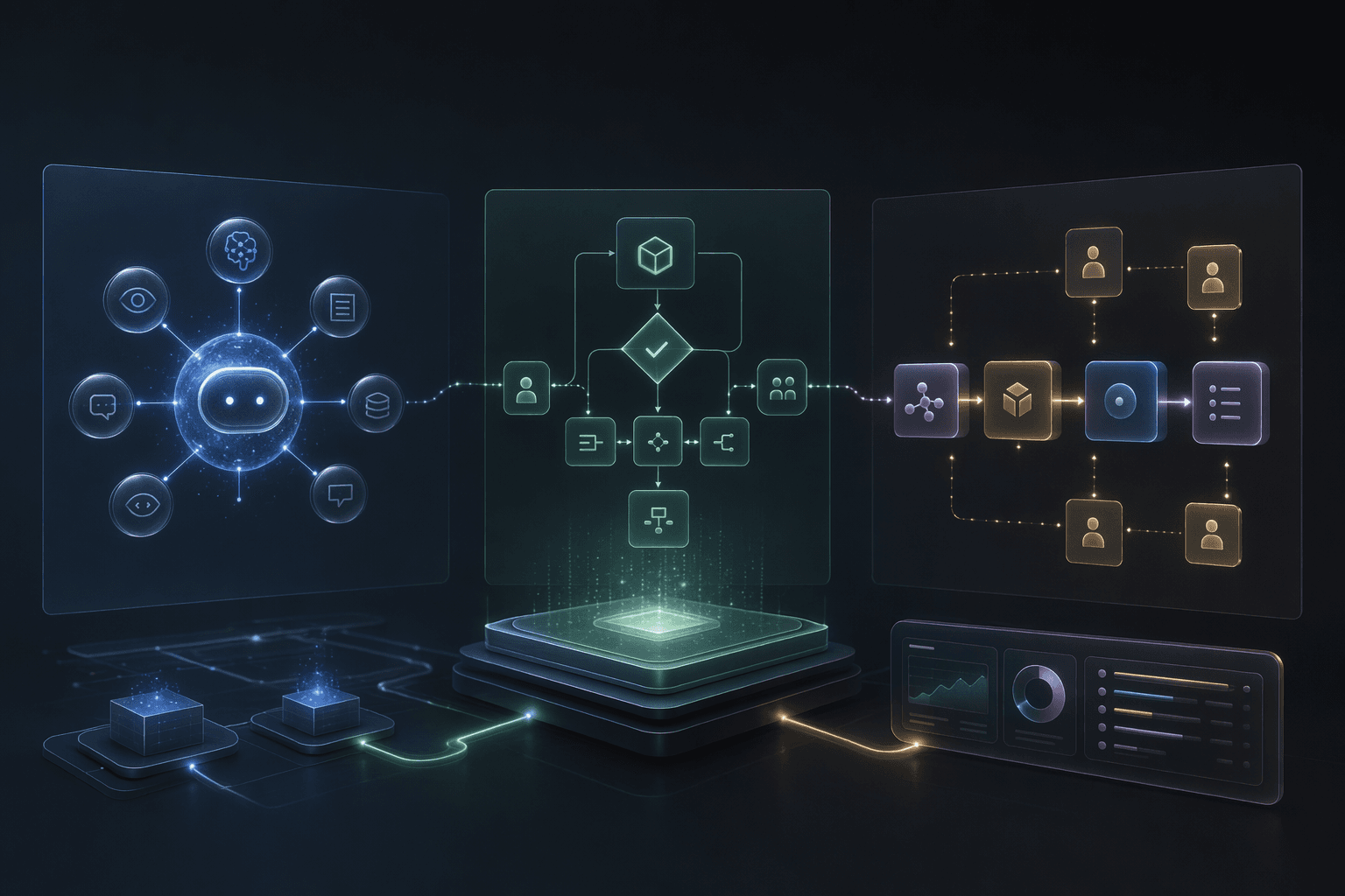 Editorial comparison illustration for AI agents, AI automation, and AI workflows.