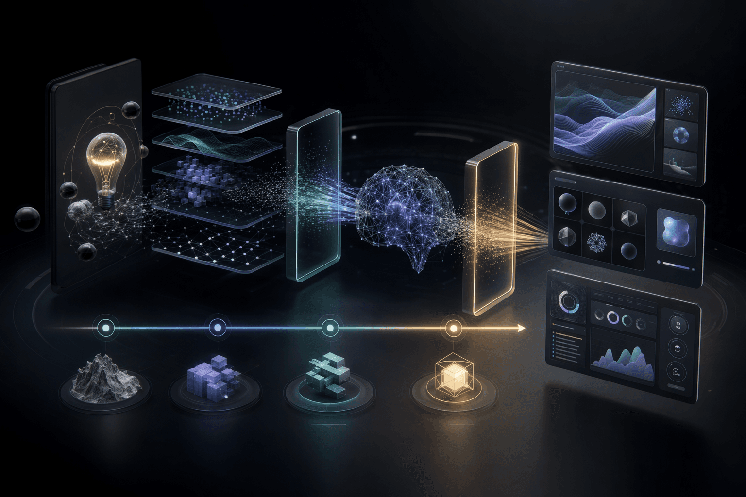 Editorial product-stage illustration comparing AI demos, prototypes, and MVPs.