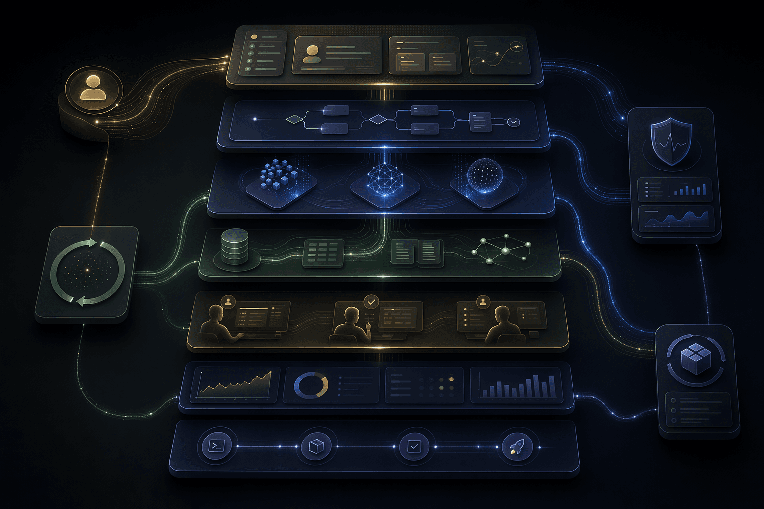 Layered operating model illustration showing user workflow, AI behavior, data services, human review, analytics, deployment, monitoring, and learning loops.