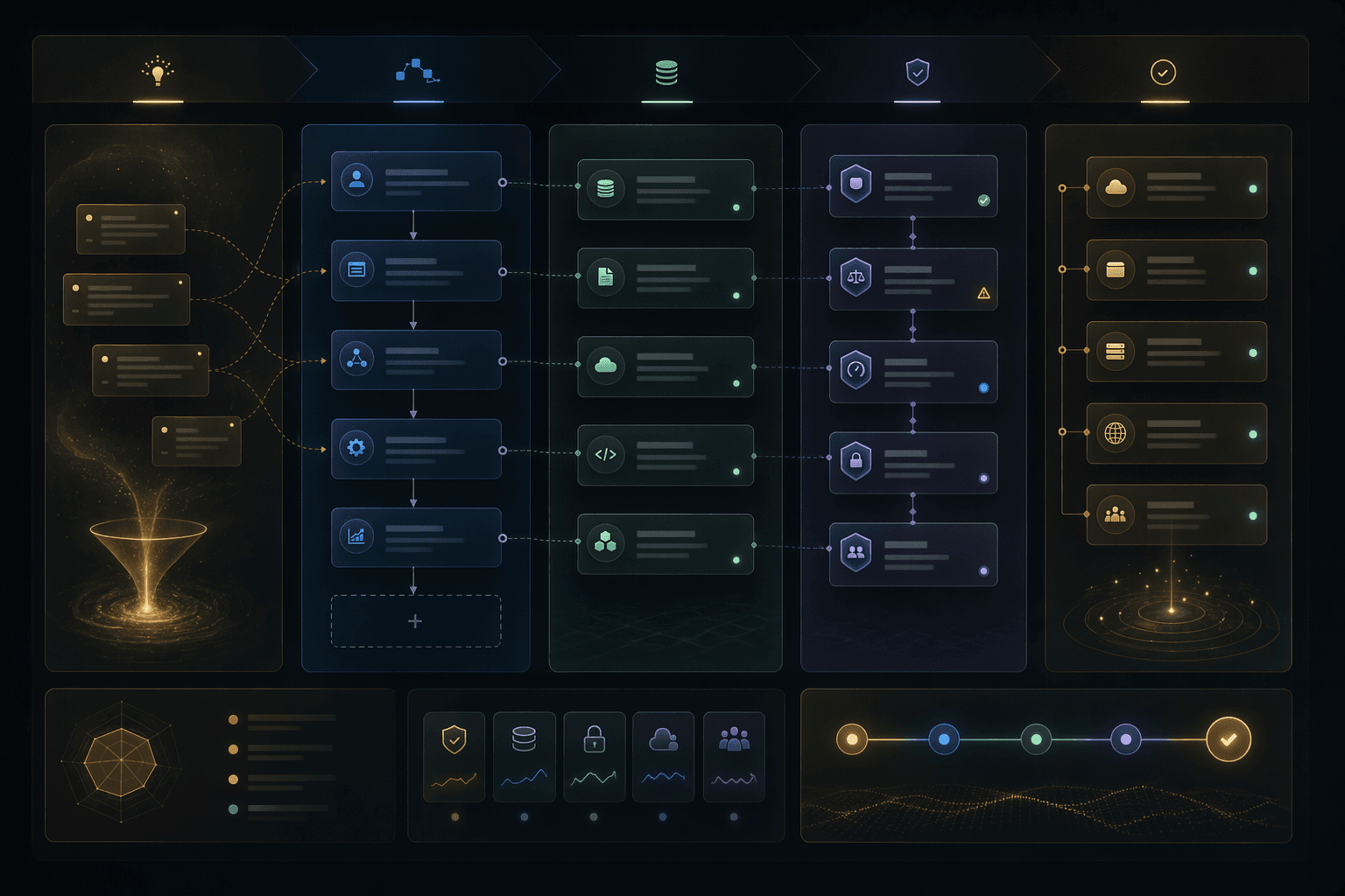 Dark workflow board showing planning decisions flowing from raw ideas through workflow, data, controls, and launch readiness columns.