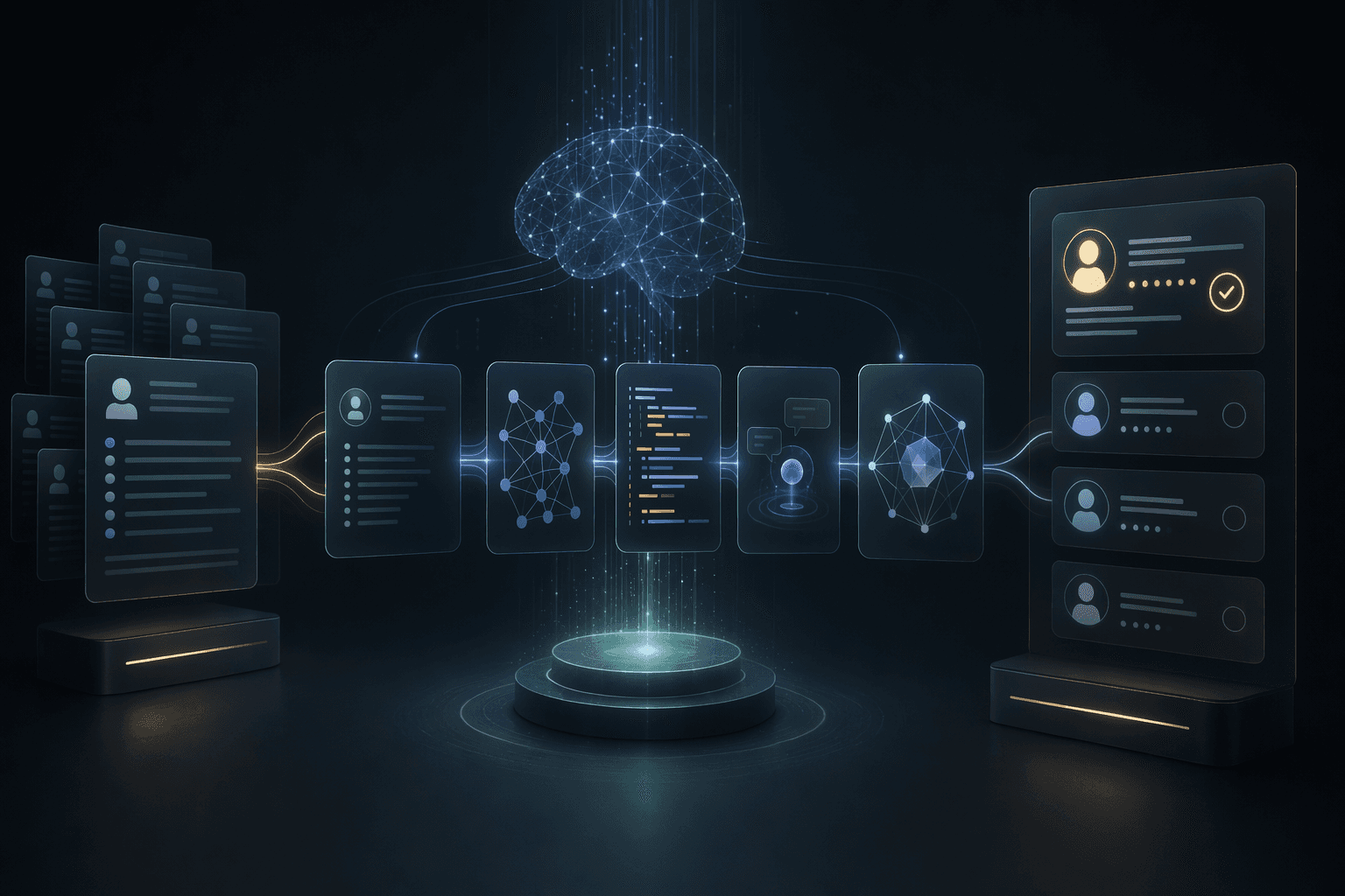 Editorial workflow illustration for AI recruiting tools across screening, coding tests, and interviews.