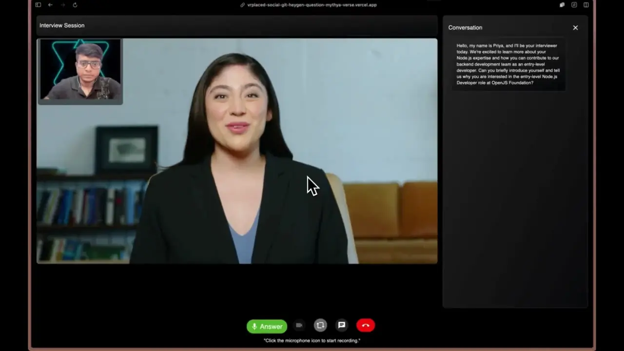 VRPlaced AI interview practice demo thumbnail showing the interview interface