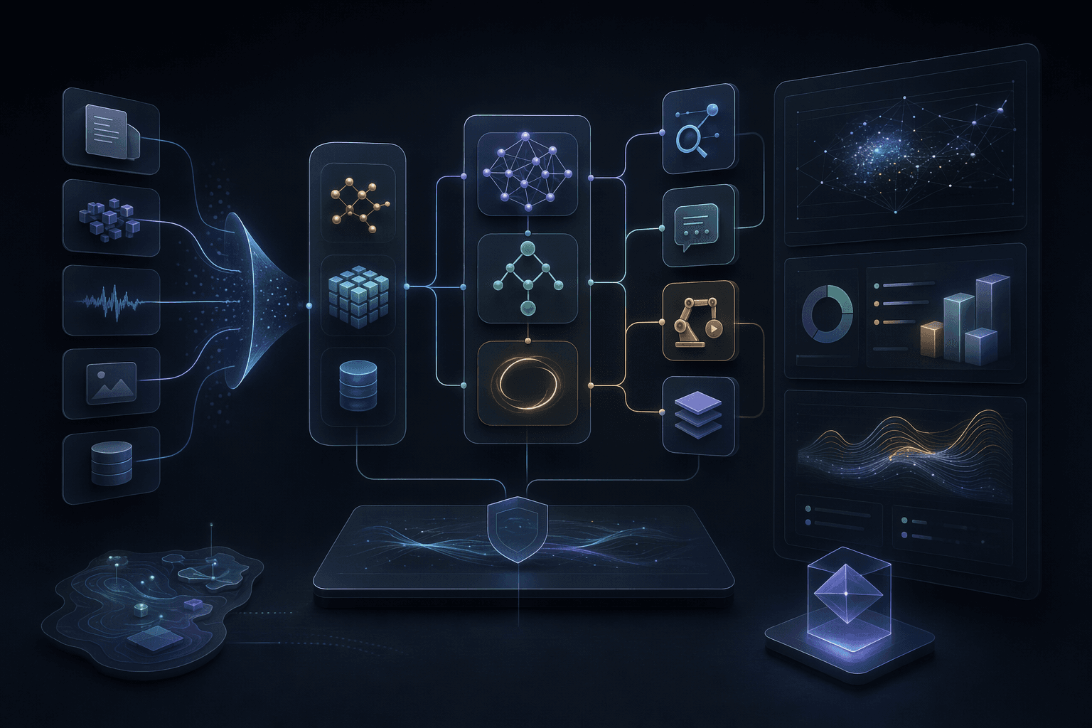 Editorial architecture illustration comparing RAG, agents, automation, and simple LLM workflows for an AI MVP.