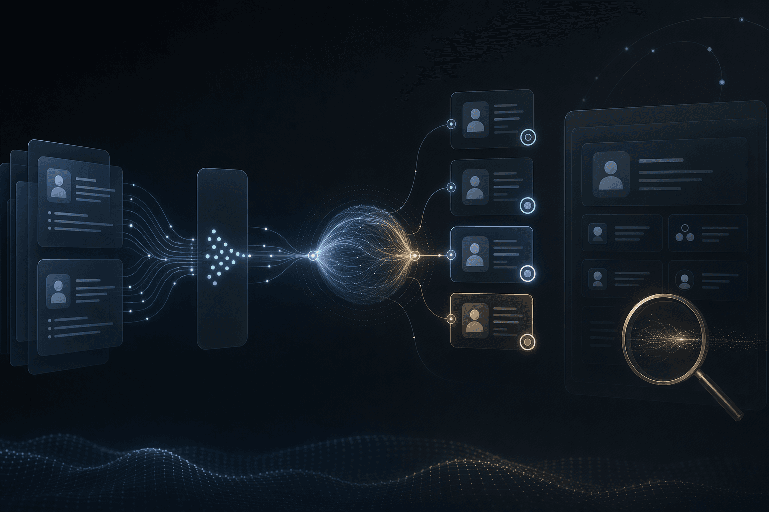 Editorial workflow illustration for an AI recruiting copilot used by HR teams.
