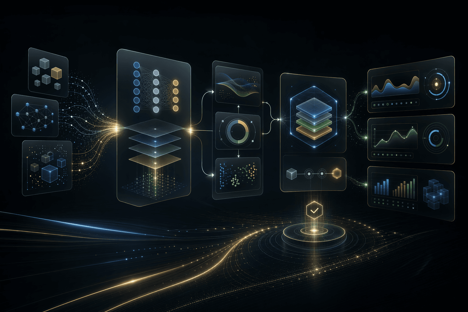 Dark technical illustration showing an AI SaaS prototype progressing through model, data, evaluation, deployment, and observability layers toward production dashboards.