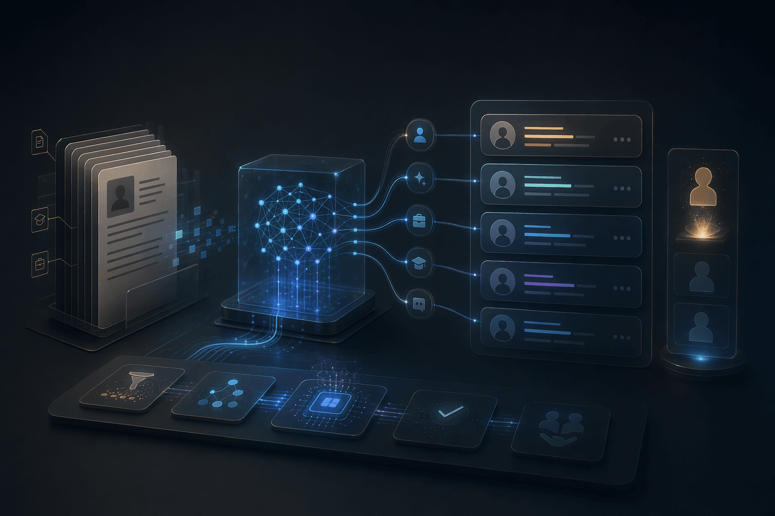 Editorial workflow illustration for AI resume screening in high-volume hiring.