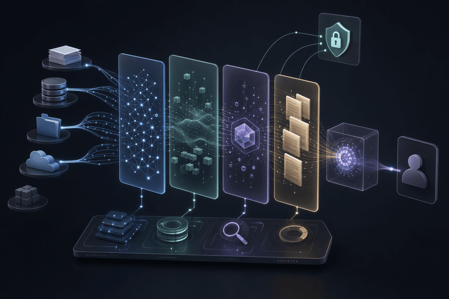 Editorial architecture illustration for an enterprise RAG chatbot with citations and access control.