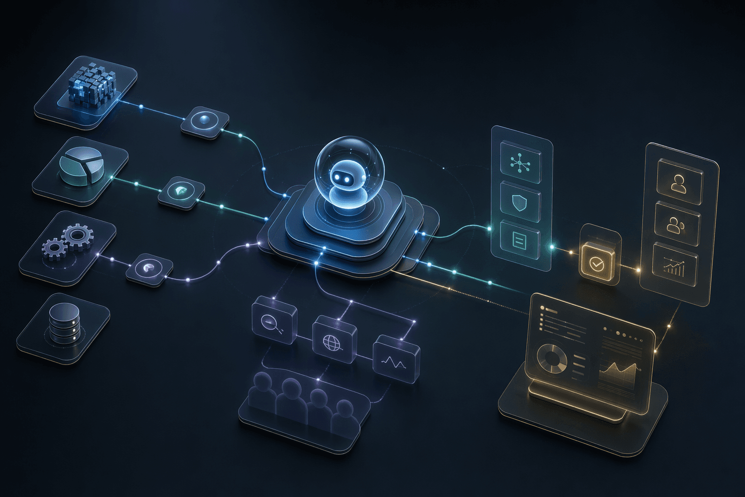 Editorial integration illustration for connecting AI agents to CRMs, ERPs, and internal tools.