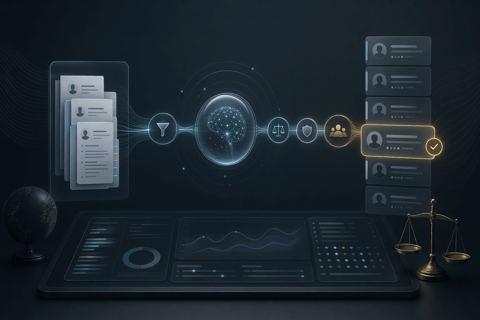 Editorial workflow illustration for fair AI-assisted resume screening.