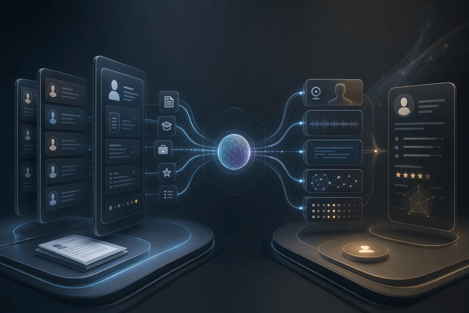 Editorial comparison illustration for VRecruit and HireVue AI interview platform evaluation.